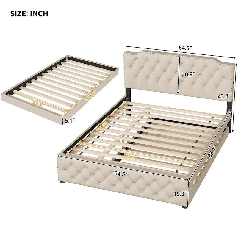 Lit queen avec lit gigogne double et ports USB, gris/beige, lin touffeté, pour 2 personnes