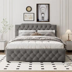 Lit queen avec lit gigogne double et ports USB, gris/beige, lin touffeté, pour 2 personnes