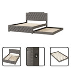 Lit queen avec lit gigogne double et ports USB, gris/beige, lin touffeté, pour 2 personnes