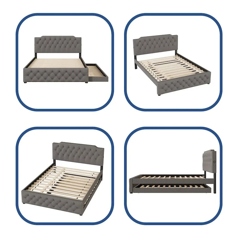 Lit queen avec lit gigogne double et ports USB, gris/beige, lin touffeté, pour 2 personnes
