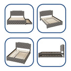 Lit queen avec lit gigogne double et ports USB, gris/beige, lin touffeté, pour 2 personnes