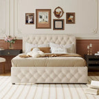 Lit queen avec lit gigogne double et ports USB, gris/beige, lin touffeté, pour 2 personnes