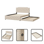 Lit queen avec lit gigogne double et ports USB, gris/beige, lin touffeté, pour 2 personnes