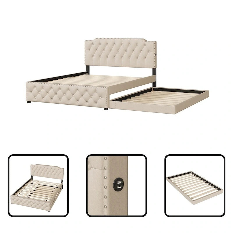 Lit queen avec lit gigogne double et ports USB, gris/beige, lin touffeté, pour 2 personnes