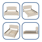 Lit queen avec lit gigogne double et ports USB, gris/beige, lin touffeté, pour 2 personnes