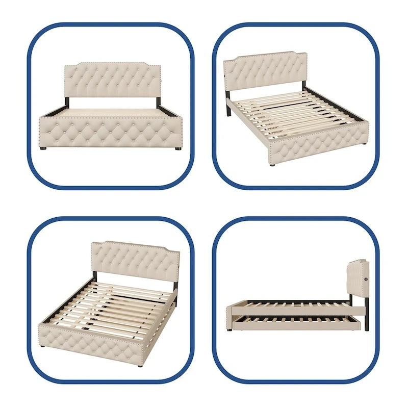 Lit queen avec lit gigogne double et ports USB, gris/beige, lin touffeté, pour 2 personnes