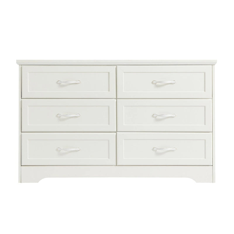 Commode 6 tiroirs, blanche, style moderne, poignées or antique, simple
