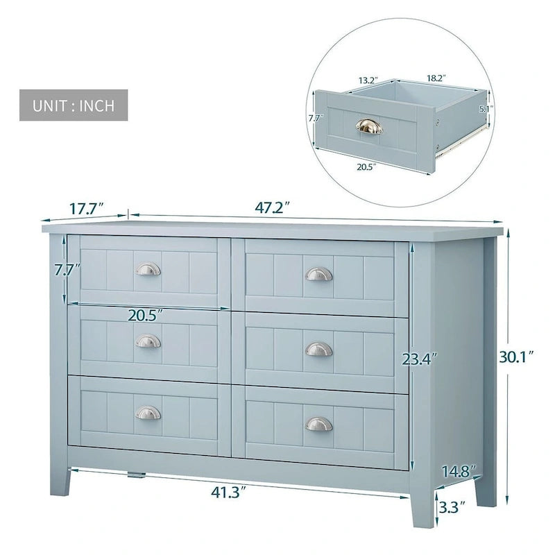 Commode de style rétro, noire/bleue, cadre en bois de bouleau, 4 ou 6 tiroirs