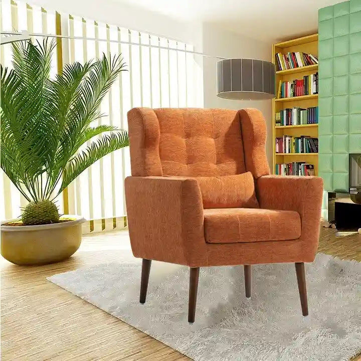 Fauteuil d'appoint moderne en chenille avec oreiller lombaire et pieds en bois, simple — Orange / Beige / Vert / Gris / Bleu foncé / Sarcelle / Vert olive