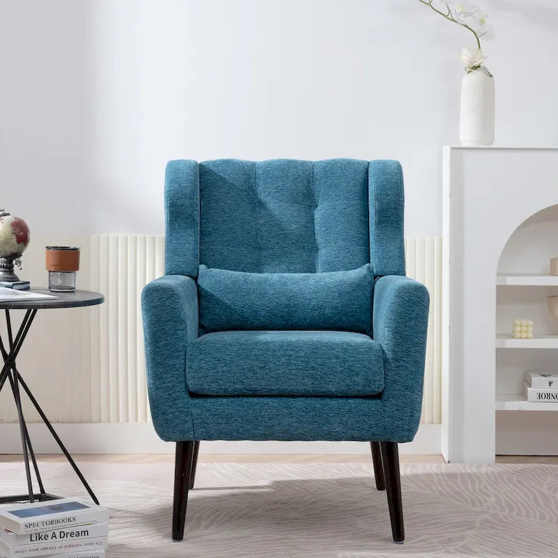 Fauteuil d'appoint moderne en chenille avec oreiller lombaire et pieds en bois, simple — Orange / Beige / Vert / Gris / Bleu foncé / Sarcelle / Vert olive
