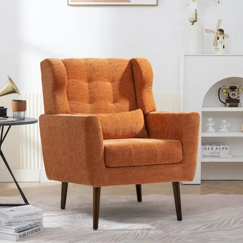 Fauteuil d'appoint moderne en chenille avec oreiller lombaire et pieds en bois, simple — Orange / Beige / Vert / Gris / Bleu foncé / Sarcelle / Vert olive