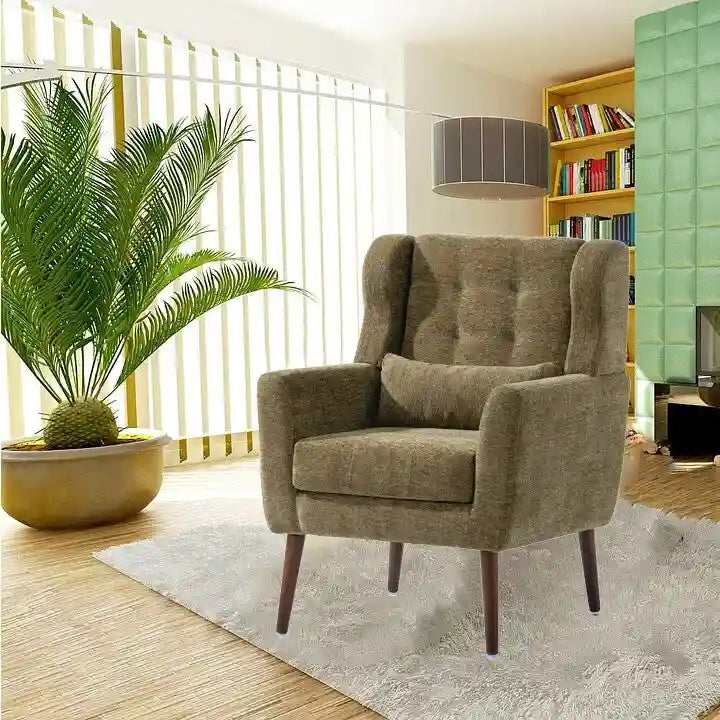 Fauteuil d'appoint moderne en chenille avec oreiller lombaire et pieds en bois, simple — Orange / Beige / Vert / Gris / Bleu foncé / Sarcelle / Vert olive