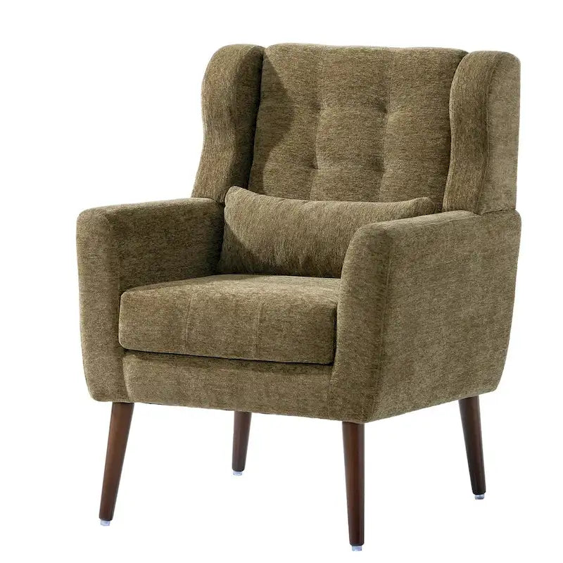 Fauteuil d'appoint moderne en chenille avec oreiller lombaire et pieds en bois, simple — Orange / Beige / Vert / Gris / Bleu foncé / Sarcelle / Vert olive