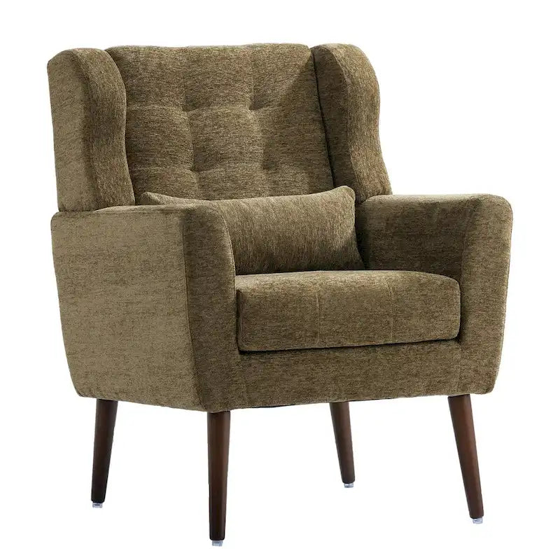 Fauteuil d'appoint moderne en chenille avec oreiller lombaire et pieds en bois, simple — Orange / Beige / Vert / Gris / Bleu foncé / Sarcelle / Vert olive