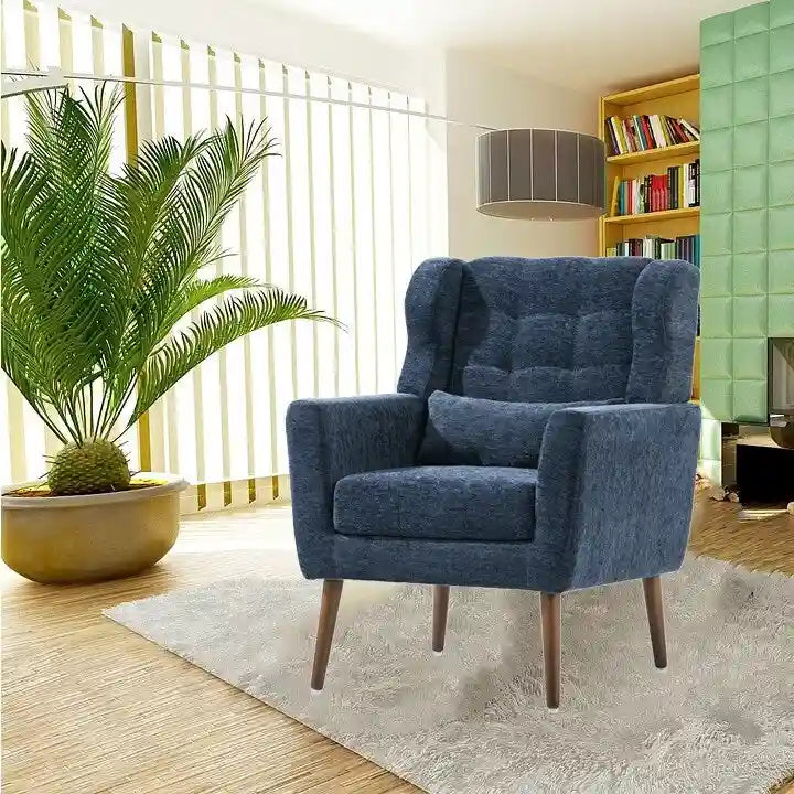 Fauteuil d'appoint moderne en chenille avec oreiller lombaire et pieds en bois, simple — Orange / Beige / Vert / Gris / Bleu foncé / Sarcelle / Vert olive