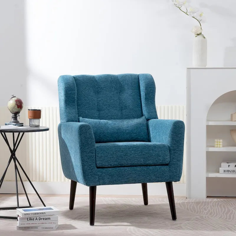 Fauteuil d'appoint moderne en chenille avec oreiller lombaire et pieds en bois, simple — Orange / Beige / Vert / Gris / Bleu foncé / Sarcelle / Vert olive