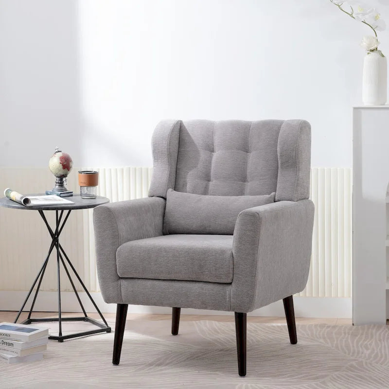 Fauteuil d'appoint moderne en chenille avec oreiller lombaire et pieds en bois, simple — Orange / Beige / Vert / Gris / Bleu foncé / Sarcelle / Vert olive