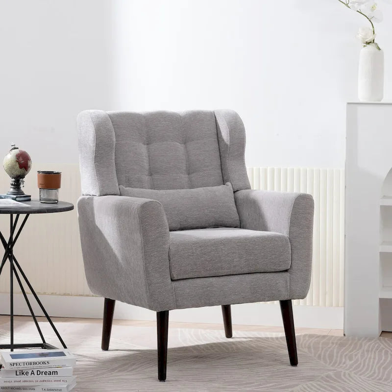 Fauteuil d'appoint moderne en chenille avec oreiller lombaire et pieds en bois, simple — Orange / Beige / Vert / Gris / Bleu foncé / Sarcelle / Vert olive