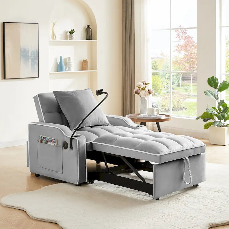 Fauteuil convertible lit gris / beige / noir / rose avec port USB, 1 place