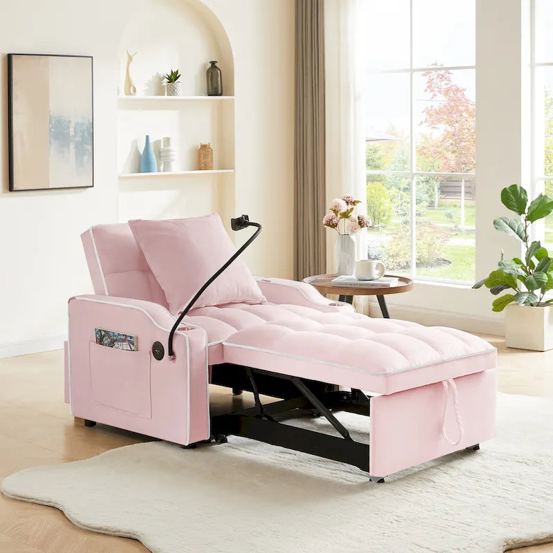Fauteuil convertible lit gris / beige / noir / rose avec port USB, 1 place
