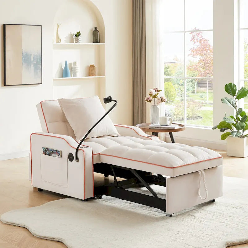 Fauteuil convertible lit gris / beige / noir / rose avec port USB, 1 place