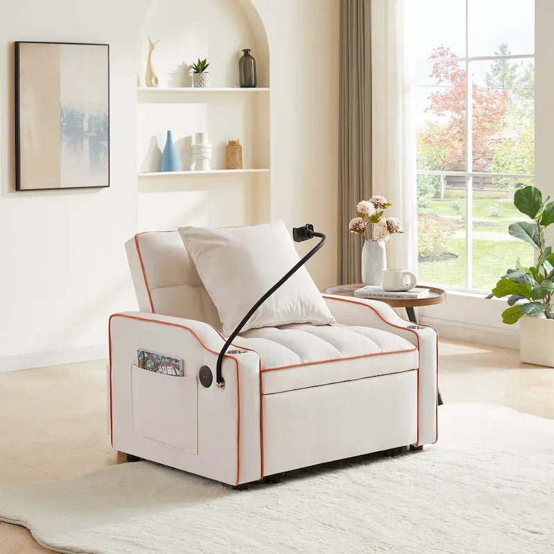 Fauteuil convertible lit gris / beige / noir / rose avec port USB, 1 place