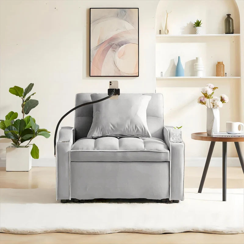 Fauteuil convertible lit gris / beige / noir / rose avec port USB, 1 place