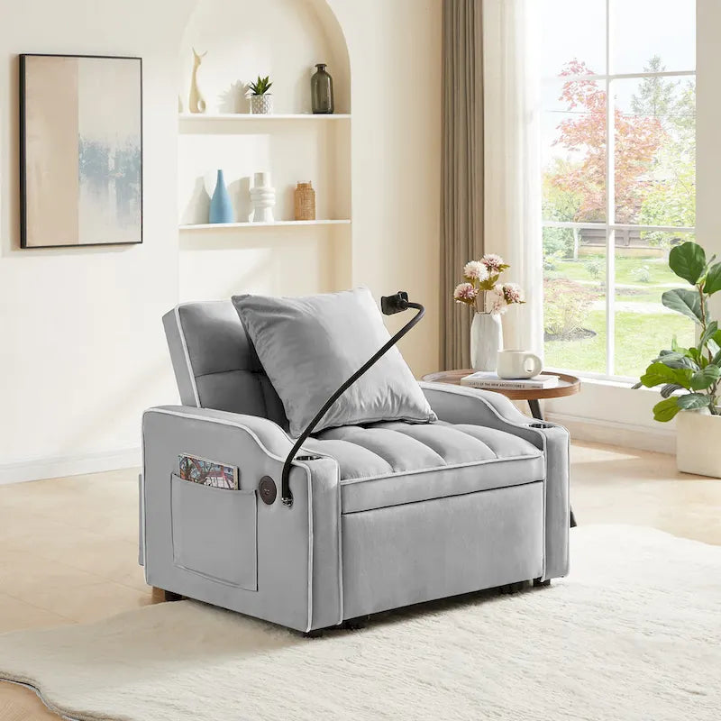 Fauteuil convertible lit gris / beige / noir / rose avec port USB, 1 place