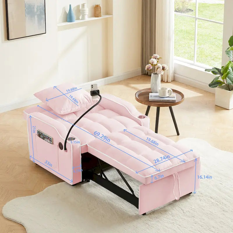 Fauteuil convertible lit gris / beige / noir / rose avec port USB, 1 place