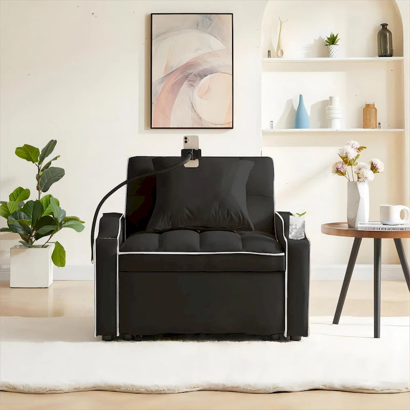 Fauteuil convertible lit gris / beige / noir / rose avec port USB, 1 place