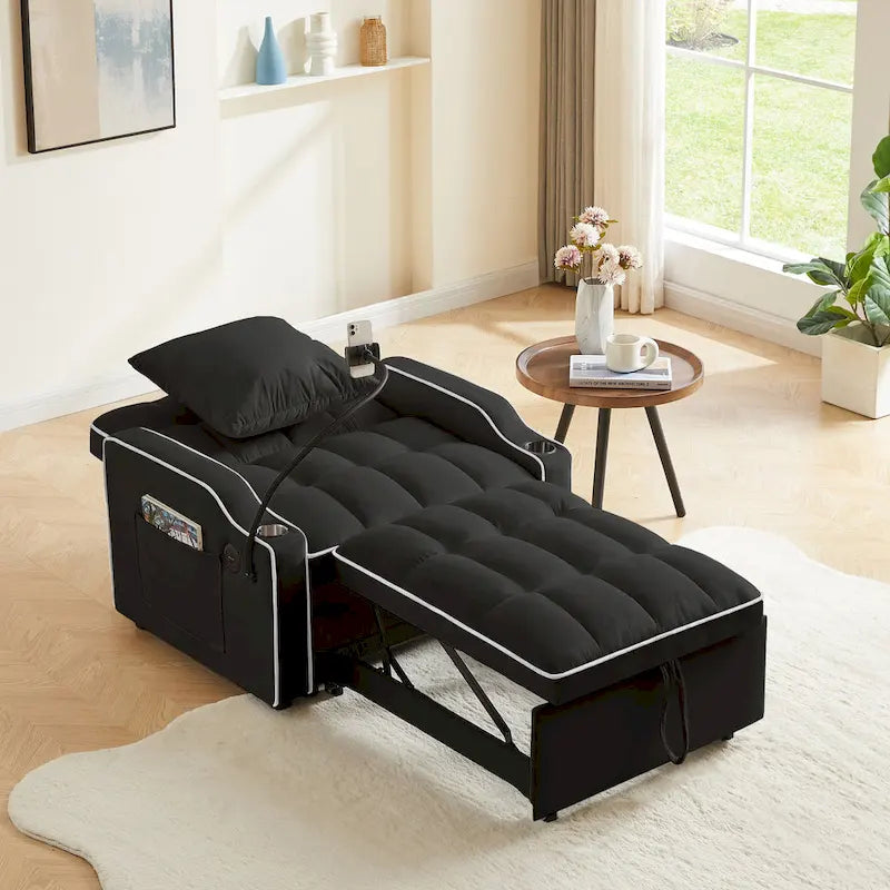 Fauteuil convertible lit gris / beige / noir / rose avec port USB, 1 place