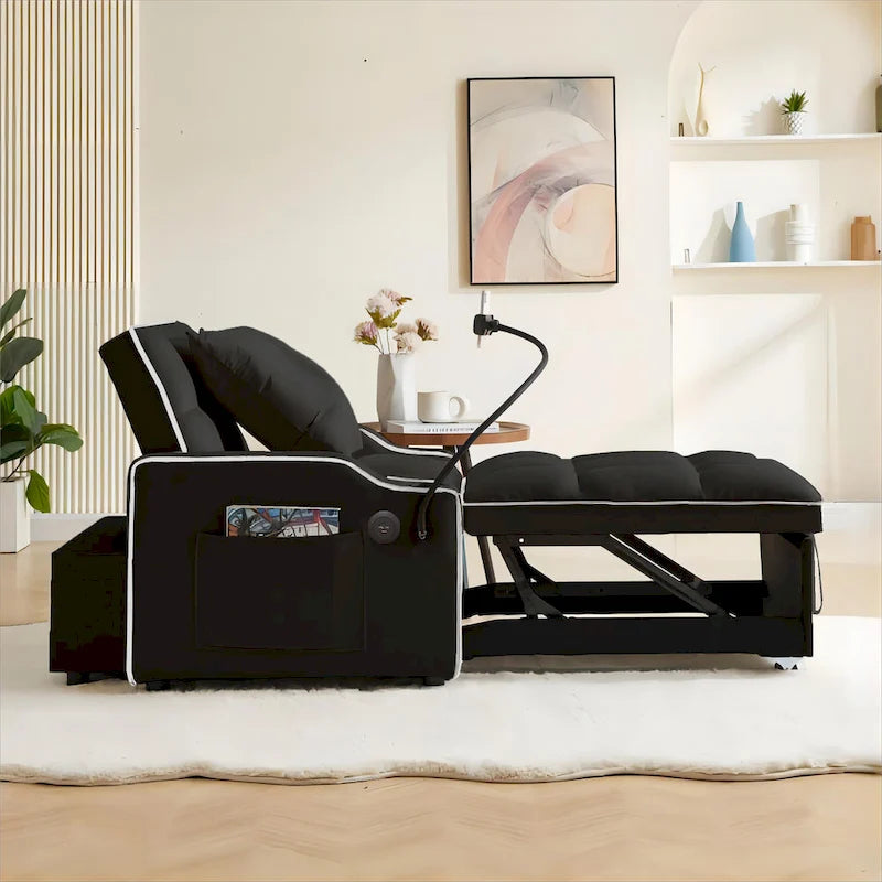 Fauteuil convertible lit gris / beige / noir / rose avec port USB, 1 place