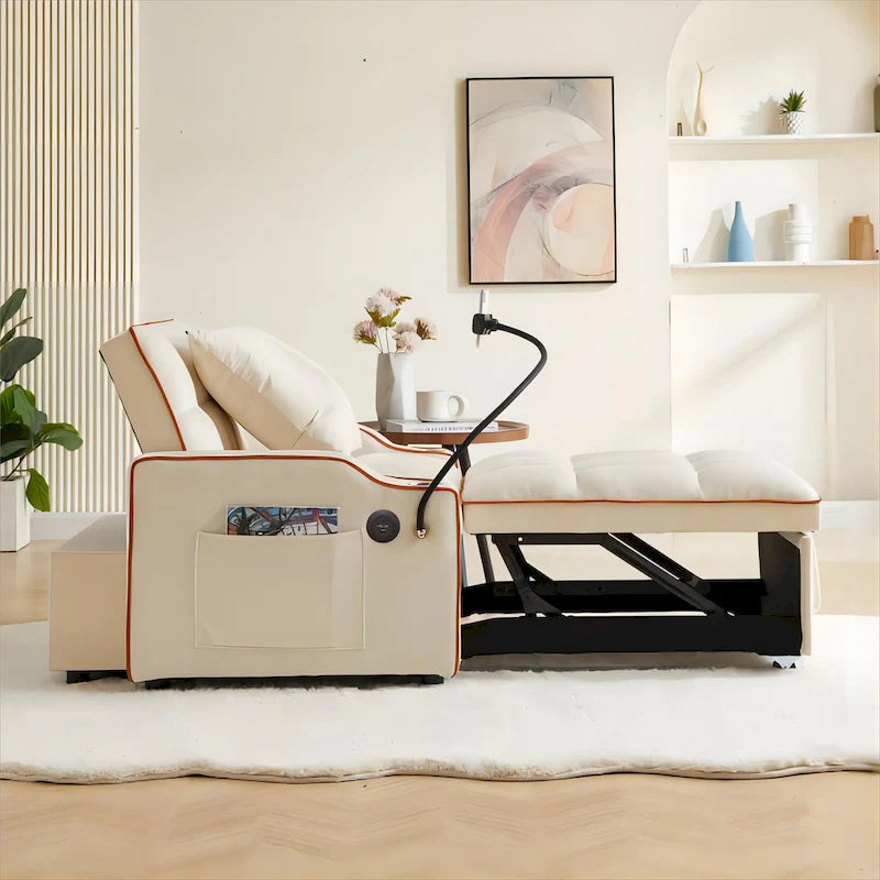 Fauteuil convertible lit gris / beige / noir / rose avec port USB, 1 place