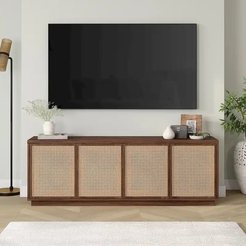 Meuble TV mi-siècle noyer satiné/veinage noir avec portes en faux rotin, pour téléviseurs jusqu'à 78 po.