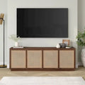 Meuble TV mi-siècle noyer satiné/veinage noir avec portes en faux rotin, pour téléviseurs jusqu'à 78 po.