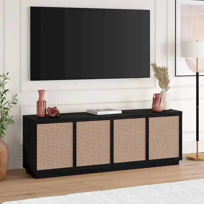 Meuble TV mi-siècle noyer satiné/veinage noir avec portes en faux rotin, pour téléviseurs jusqu'à 78 po.