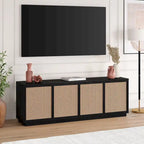 Meuble TV mi-siècle noyer satiné/veinage noir avec portes en faux rotin, pour téléviseurs jusqu'à 78 po.