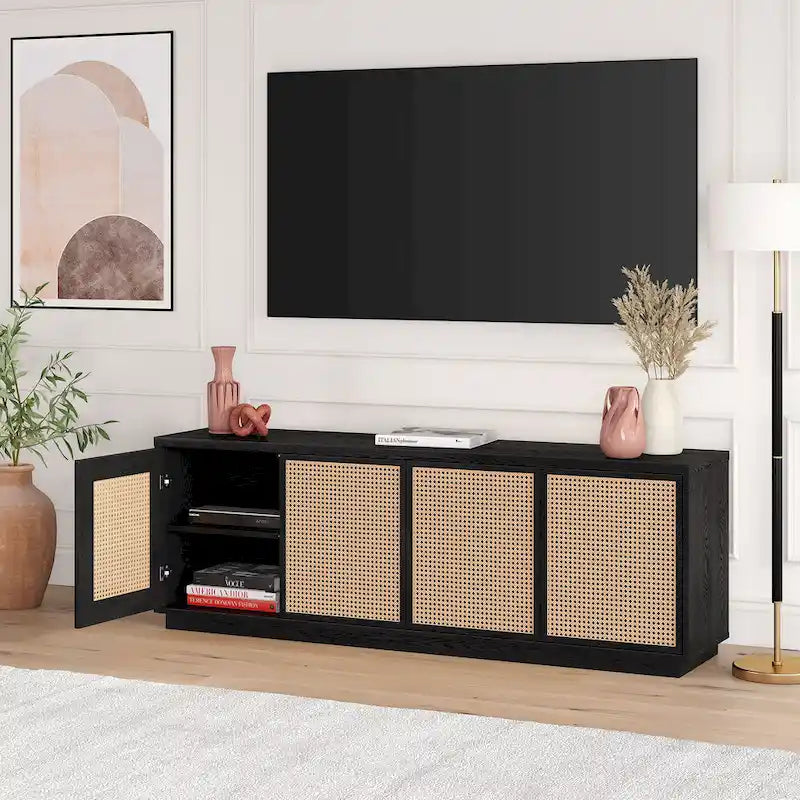 Meuble TV mi-siècle noyer satiné/veinage noir avec portes en faux rotin, pour téléviseurs jusqu'à 78 po.