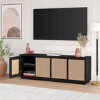 Meuble TV mi-siècle noyer satiné/veinage noir avec portes en faux rotin, pour téléviseurs jusqu'à 78 po.