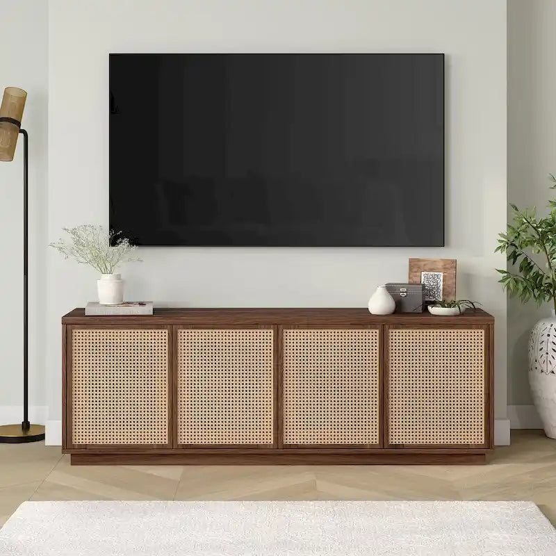 Meuble TV mi-siècle noyer satiné/veinage noir avec portes en faux rotin, pour téléviseurs jusqu'à 78 po.