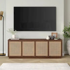 Meuble TV mi-siècle noyer satiné/veinage noir avec portes en faux rotin, pour téléviseurs jusqu'à 78 po.