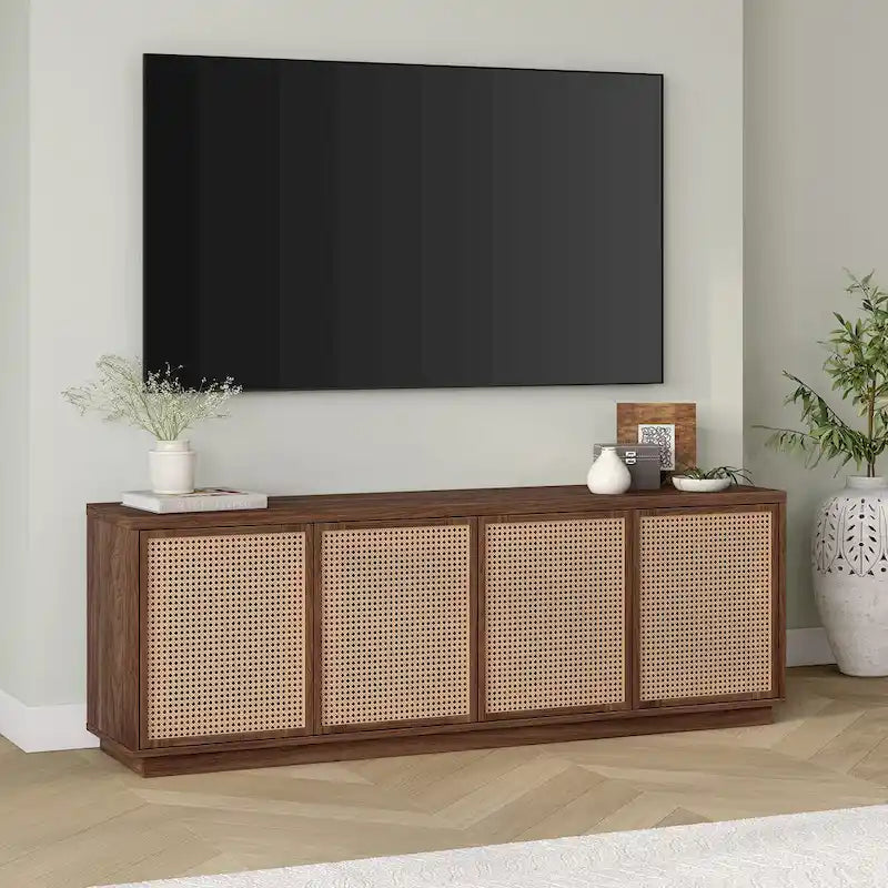 Meuble TV mi-siècle noyer satiné/veinage noir avec portes en faux rotin, pour téléviseurs jusqu'à 78 po.