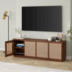 Meuble TV mi-siècle noyer satiné/veinage noir avec portes en faux rotin, pour téléviseurs jusqu'à 78 po.