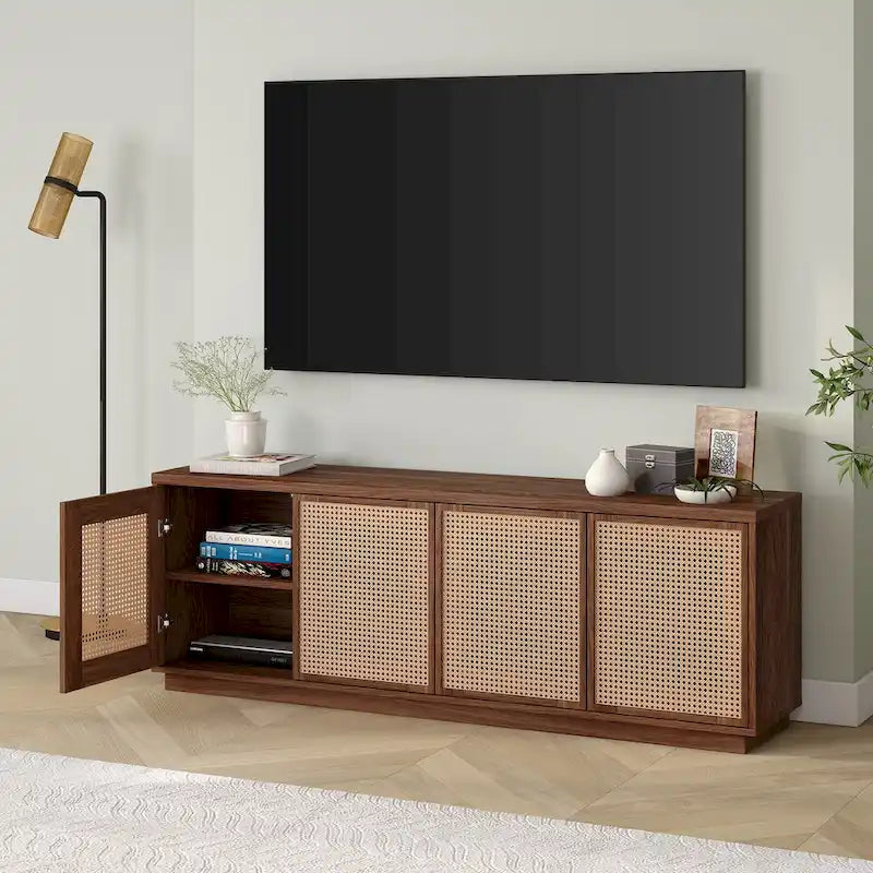 Meuble TV mi-siècle noyer satiné/veinage noir avec portes en faux rotin, pour téléviseurs jusqu'à 78 po.