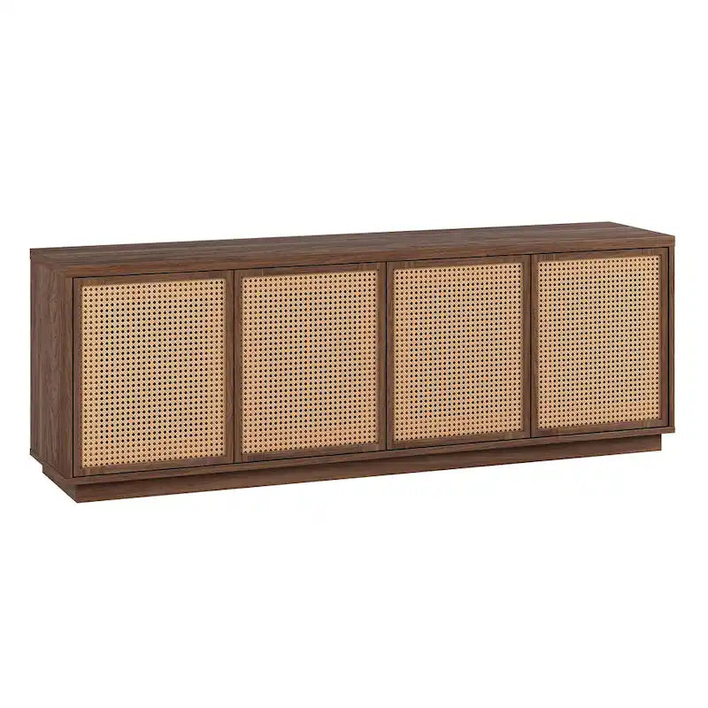 Meuble TV mi-siècle noyer satiné/veinage noir avec portes en faux rotin, pour téléviseurs jusqu'à 78 po.