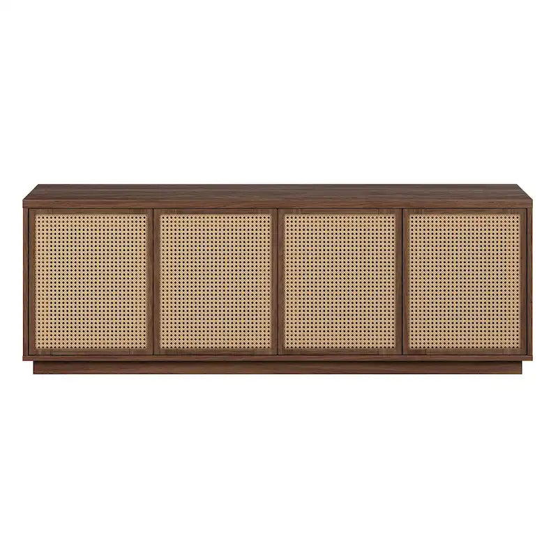 Meuble TV mi-siècle noyer satiné/veinage noir avec portes en faux rotin, pour téléviseurs jusqu'à 78 po.