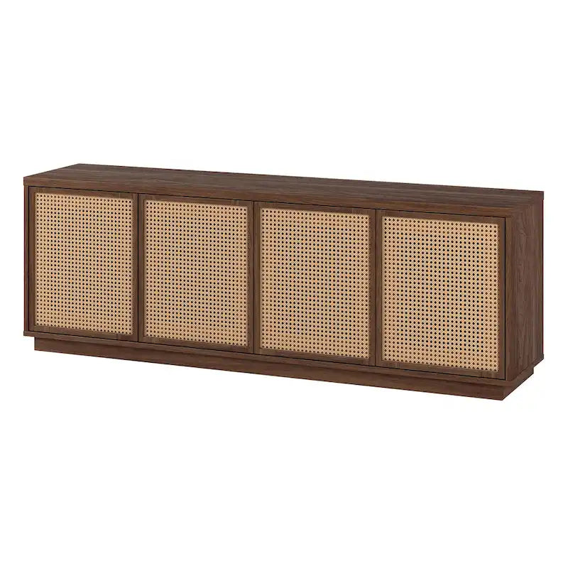 Meuble TV mi-siècle noyer satiné/veinage noir avec portes en faux rotin, pour téléviseurs jusqu'à 78 po.