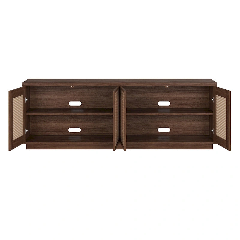 Meuble TV mi-siècle noyer satiné/veinage noir avec portes en faux rotin, pour téléviseurs jusqu'à 78 po.
