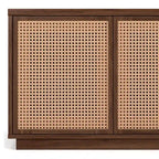 Meuble TV mi-siècle noyer satiné/veinage noir avec portes en faux rotin, pour téléviseurs jusqu'à 78 po.
