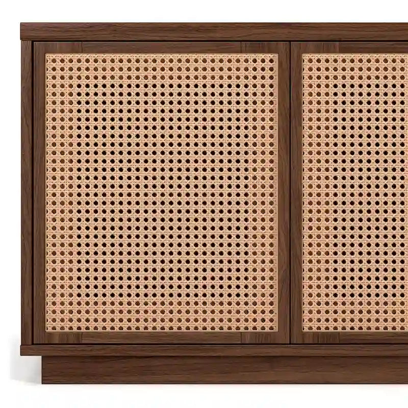 Meuble TV mi-siècle noyer satiné/veinage noir avec portes en faux rotin, pour téléviseurs jusqu'à 78 po.